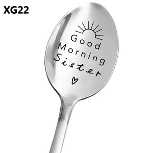 Detail of Good Morning Sister engraving on long-handle stainless steel coffee spoon