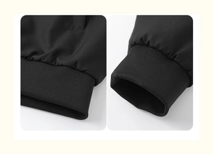 Detail of ribbed knit hem and cuffs on the black casual jacket for a premium textured look