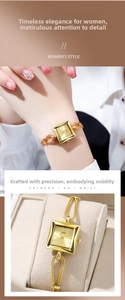 Close-up of gold square dial watch with luxury woven chain bracelet and polished finish