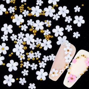 3D Five-Petal Flower Nail Art Decorations Resin Floral Charm With Gold Silver Steel Beads For Manicure DIY