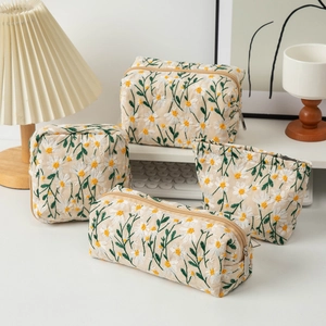 Daisy Embroidery Cosmetic Bag Canvas Floral Travel Toiletry Pouch Organizer Zip For Women