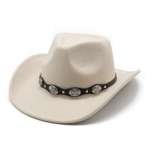 Beige wool fedora hat with black leather band and vintage metal studs for western style