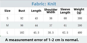 Size chart detail for knitwear set showing bust, length, and sleeve measurements in centimeters