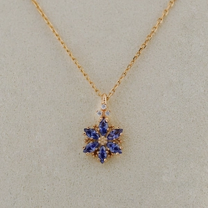 Collier vintage français en argent S925 plaqué or 14K avec pendentif tanzanite bleue
