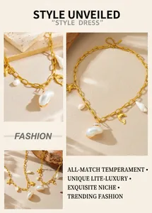Detail of gold-plated ocean theme necklace with starfish shell and pearl charms