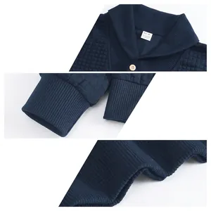 Navy blue quilted polo sweatshirt for men with a lapel collar and ribbed texture