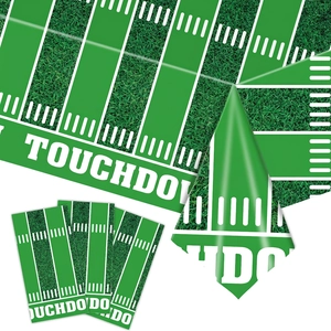 Close-up of Super Bowl football field tablecloth with grass texture and Touchdown text