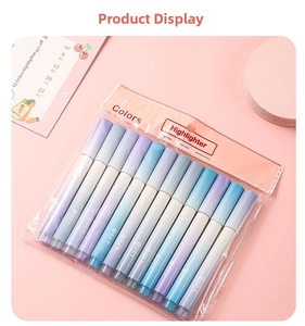 Close-up of 12-color gradient soft tip highlighter set in transparent packaging