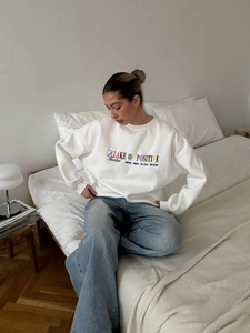 Women Round Neck Sweatshirt Cotton Embroidered Colorful Letter Long Sleeve Loose Fit Casual Streetwear Pullover Top
