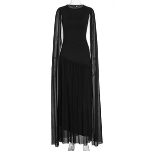 Detail of elegant black long dress with sheer cape sleeves and slim fit round neck design