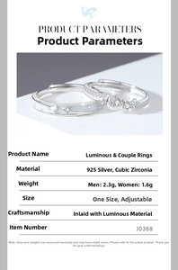 Detailed product parameters of luminous 925 silver star and moon couple rings with zirconia