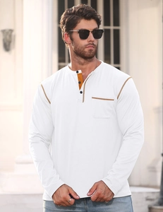 Detail of white long sleeve Henley shirt featuring brown contrast collar and stitched pocket