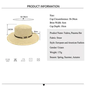 Chapeau de paille d'été pour femme avec ruban noir et guide des tailles détaillé