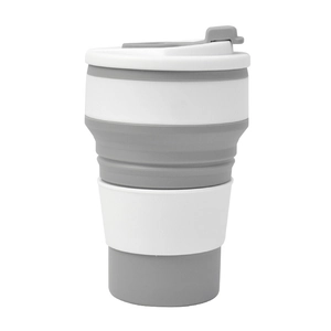 Detailed macro view of the grey and white collapsible silicone coffee cup with heat sleeve