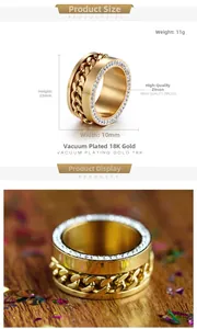 Dettaglio dell'anello a catena placcato oro 18K con larghezza 10mm e zirconi incastonati