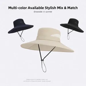 Outdoor wide brim sun hat with breathable mesh and adjustable chin strap in multiple colors
