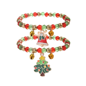 Christmas beaded bracelet set with red bells, green trees and festive crystal beads