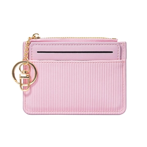 Pink faux leather card holder with vertical texture, zip pocket and gold keychain