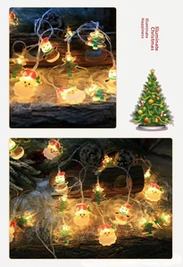 Detailed close-up of LED Christmas lights featuring Santa, snowman, and tree figurines