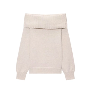 Close-up of ribbed texture on a beige off-the-shoulder Bardot knitted sweater top