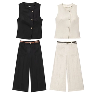 Women Sleeveless Vest Waistcoat And Wide Leg Pants Linen Blend High Waist Trousers With Belt Casual Streetwear Chic