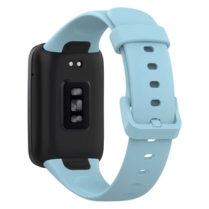 Detail view of the black tracker back with light blue silicone strap and charging port
