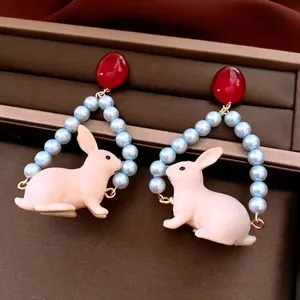 Rabbit Pendant Dangle Earrings With Faux Artificial Pearl And Silver Earring Post Cute Sweet Animal Jewelry For Women
