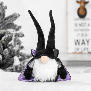Halloween faceless gnome plush with black pointed hat and purple cape for table decor