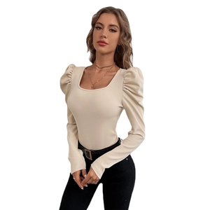Chic beige square neck knit top with stylish puff sleeves for women in fall season