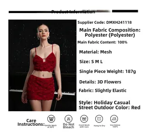 Detail der roten 3D-Blumentextur am zweiteiligen Set aus Mesh-Crop-Top und Minirock