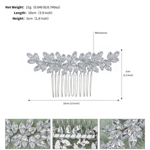 Detailed size chart showing dimensions of 10x5cm for the silver rhinestone hair comb