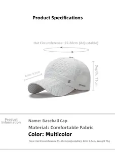 Größenangaben für die schnelltrocknende Mesh-Baseballkappe mit verstellbarer Schnalle
