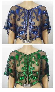 Detailed view of sequined mesh capes in black-blue and black-green floral patterns