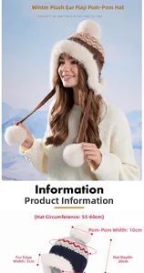 Detailed size specifications for winter Fair Isle knit hat with faux fur earmuffs