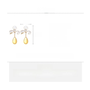 Detail showing white flower drop earrings with yellow water droplets and size measurements