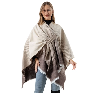 Ethnic knit gradient shawl cape for women featuring soft fringes and striped pattern