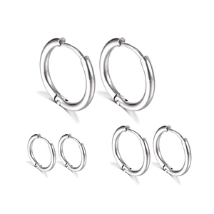 Three pairs of stainless steel hoop earrings in different sizes with silver finish