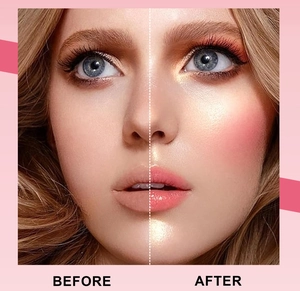 Vorher-Nachher-Vergleich von Herz-Rouge und Highlighter auf den Wangen für Glanz