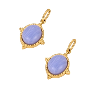 Pair of gold stainless steel pendants with oval light blue natural stone in sawtooth bezel