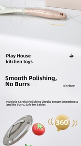 Detail of pink toy utensils and metal pot lid with safe rounded edges for kids