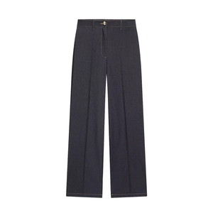 High-waist wide-leg trousers in dark grey-blue denim with front pleats and metal button
