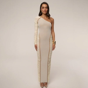 Slim fit beige one-shoulder long sleeve maxi dress with elegant ruched texture