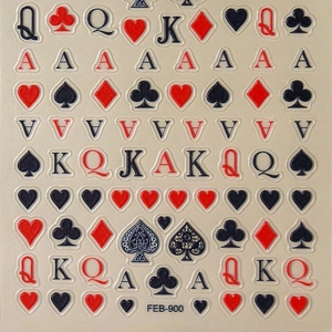 3D embossed poker nail stickers featuring hearts and spades with self-adhesive backing