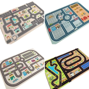 Kids city road map play rug set featuring parking hospital and racing track scenes