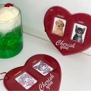 Wine red heart-shaped dual photo card holder with bead chain featuring Cherish you text