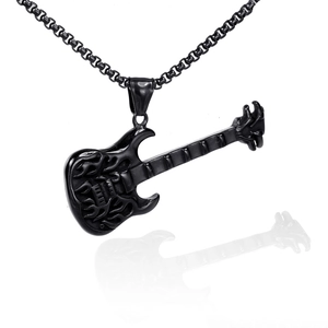Close-up of black guitar pendant with flame pattern on a metallic box chain