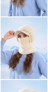 Detail of winter knitted integrated balaclava with warm faux fur and protective face mask