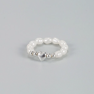 Heart Charm Artificial Baroque Pearl Beaded Ring 925 Sterling Silver Elastic Cord Minimalist Jewelry For Women