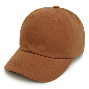 Detailed close-up of brown cotton twill baseball cap with reinforced stitched brim