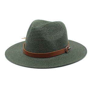 Detail of dark olive woven Panama hat with brown leather band and silver metal buckle